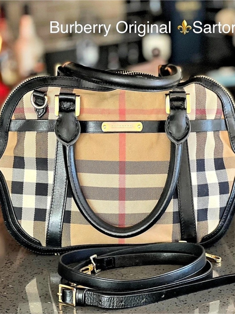 Burberry House Check Canvas Chester Bowling Bag Satchel Brown & Black - Picture 11 of 12